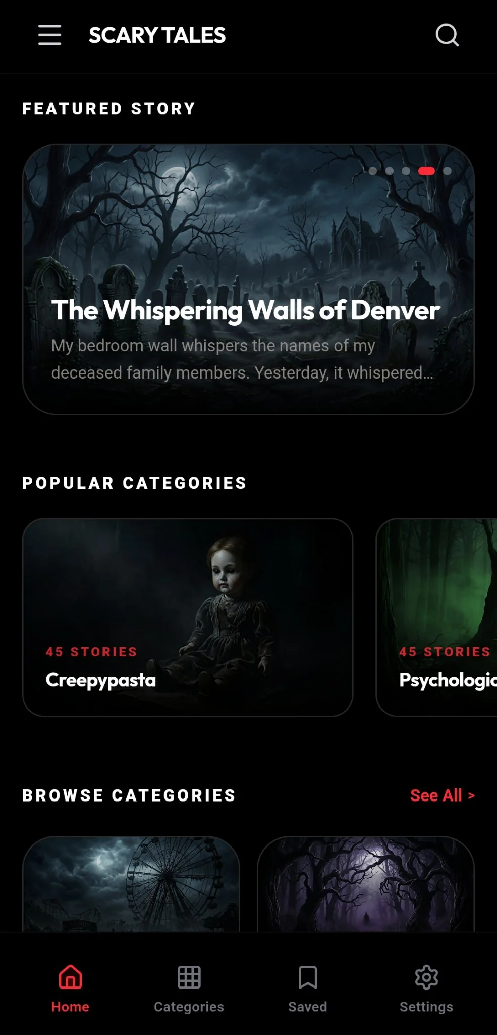 Horror Stories app — home screen with featured story