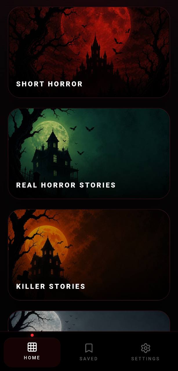 Horror Stories app home screen showing story categories